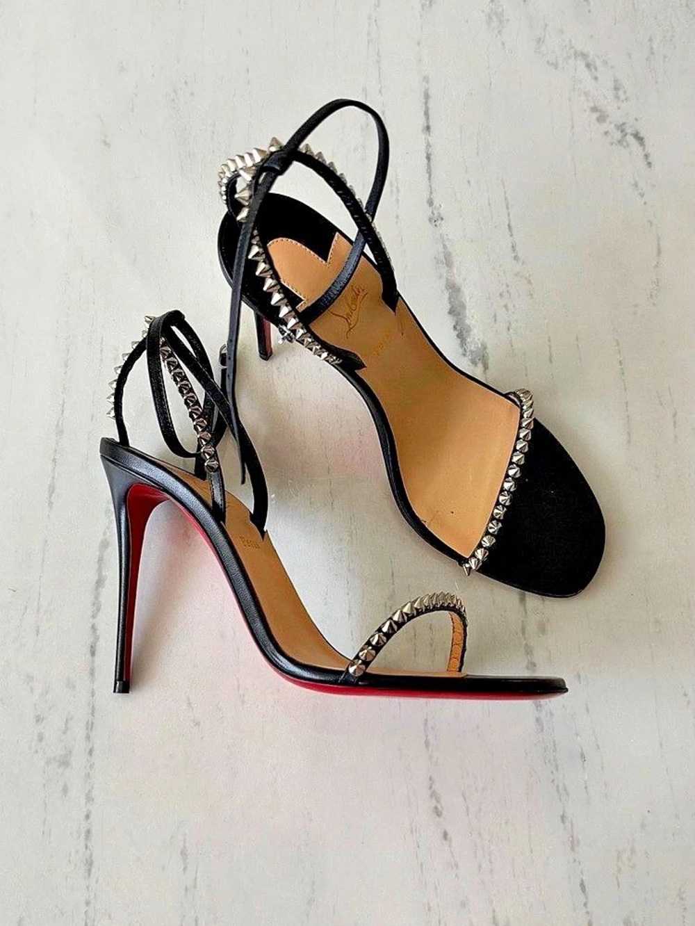 Christian Louboutin So Me 100 Spike Leather Sandals Studded Black Heels